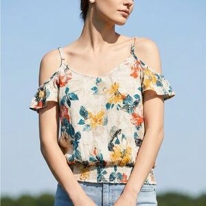Maurice Floral Ruffle Off the Shoulder Top-Size XL-adjustable straps